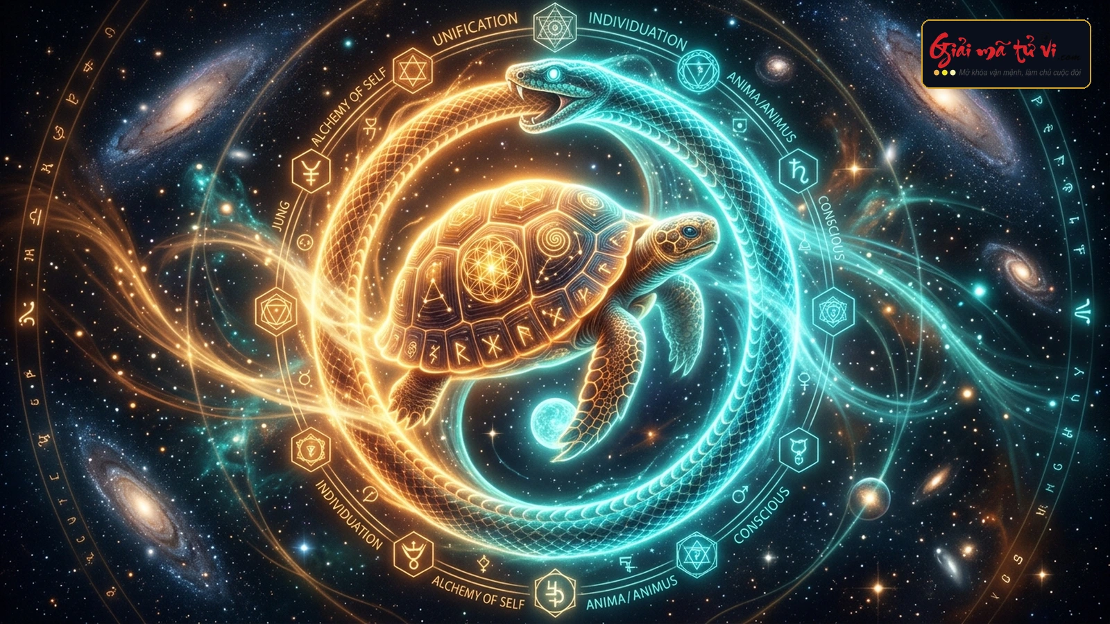 Biểu tượng huyền học Quy Xà giao hội Âm Dương phát sáng giữa mandala tiềm thức phân tâm học Carl Jung