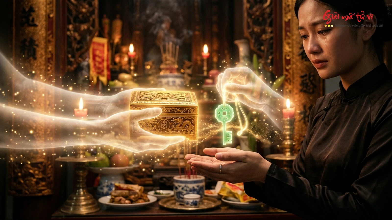 Mơ thấy đôi bàn tay tổ tiên phát sáng trao chiếc rương báu hoàng kim và chìa khóa ngọc bích cho con cháu - Biểu tượng thừa kế di sản phúc lộc