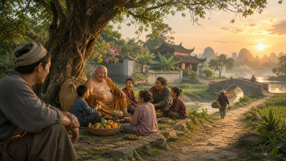 Giấc mơ gặp Bố Đại hòa thượng vui vẻ chia sẻ thức ăn cùng trẻ em và người đi đường