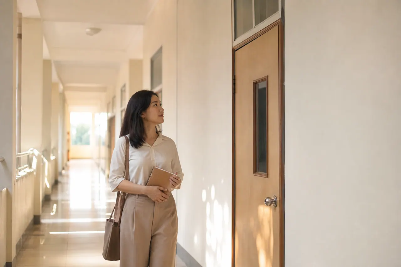 Người phụ nữ cầm sổ đứng cạnh cửa lớp trong hành lang sáng