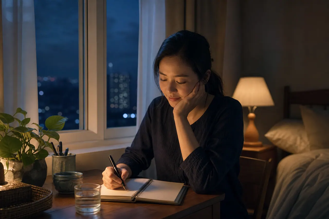Người phụ nữ cầm bút trên sổ mở, tay kia chống cằm cạnh cửa sổ và ly nước