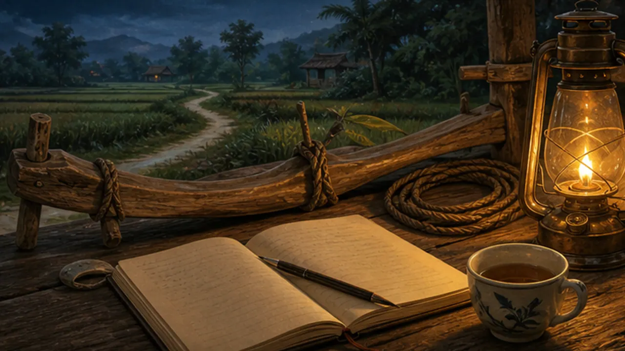 Ách gỗ, dây cuộn, sổ mở và đèn dầu trên hiên nhìn ra lối ruộng lúc tối