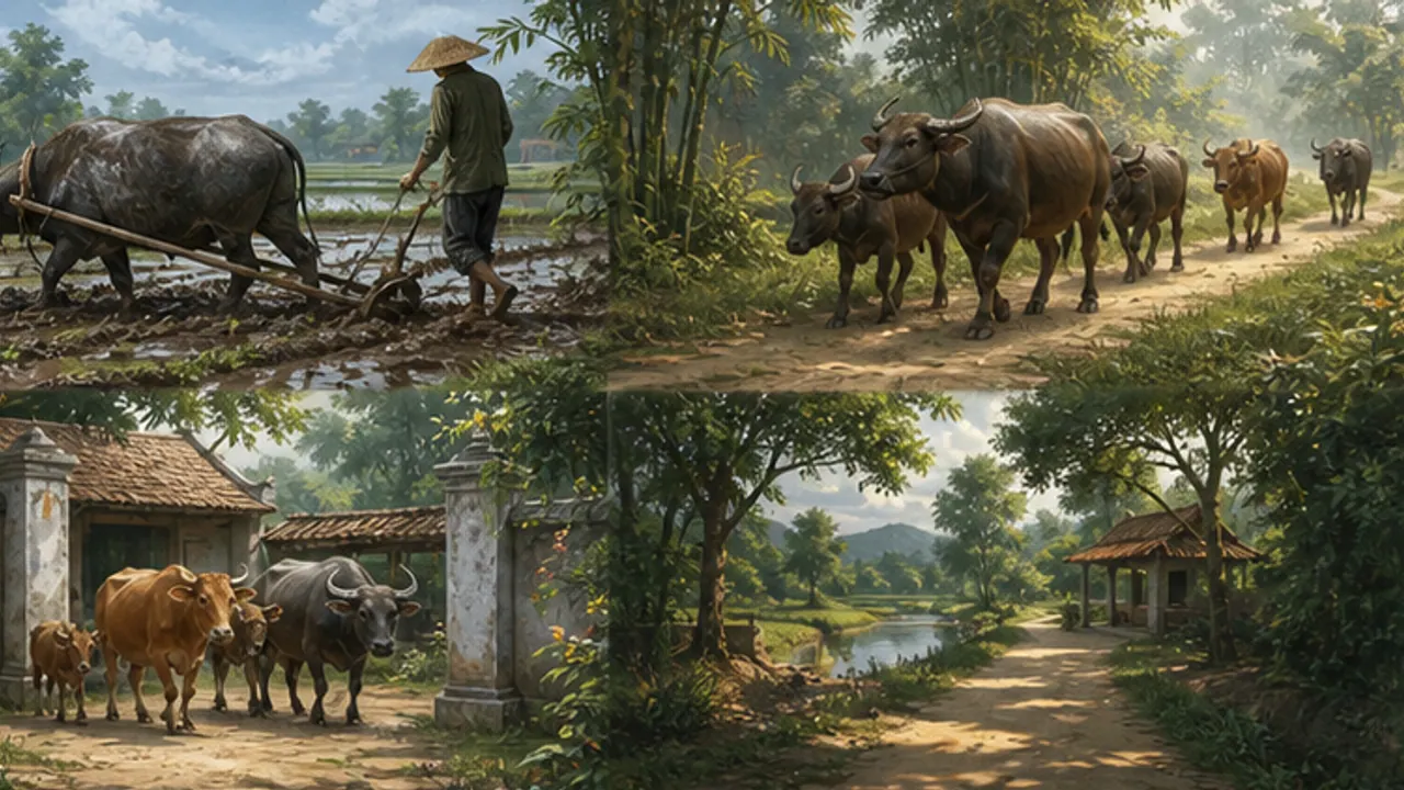 Bốn cảnh đồng quê: người cùng trâu ở ruộng, đàn trâu bò trên đường, vật qua cổng và lối đất ven ao
