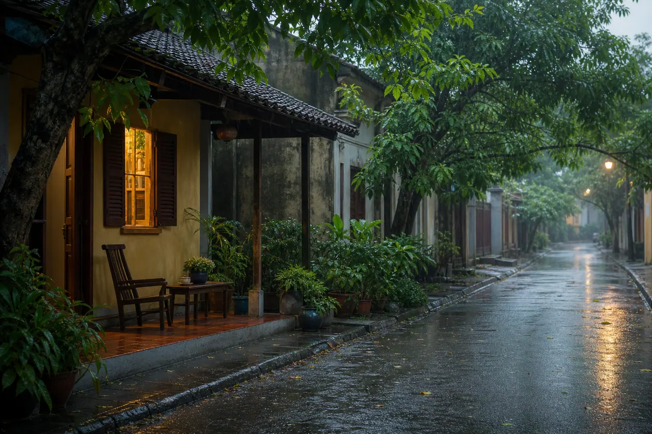 Con hẻm ướt mưa dưới tán cây, cạnh ngôi nhà mái ngói có cửa sáng và bàn ghế gỗ