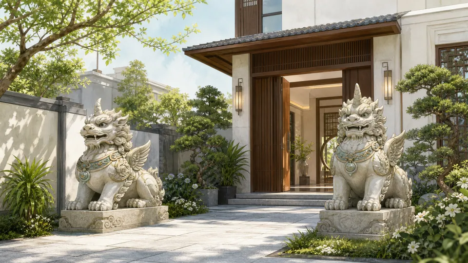 Cặp Tỳ Hưu cân đối tại cổng nhà tượng trưng cho đón cơ hội và bảo vệ ranh giới