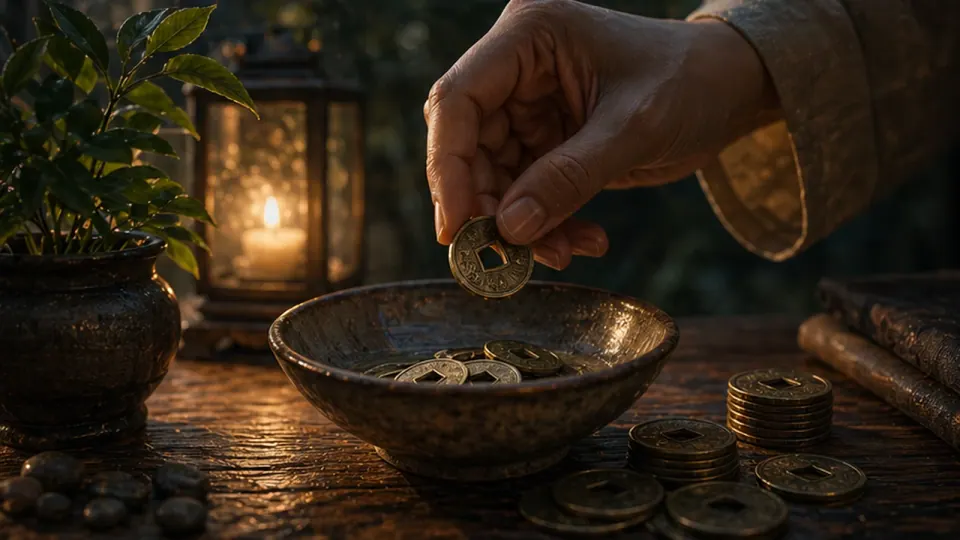 Bàn tay đưa đồng xu lỗ vuông vào bát bên nến và chồng xu