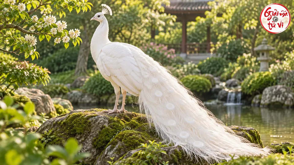 Chim công trắng đứng trên tảng đá phủ rêu, bộ lông dài buông xuống trong vườn