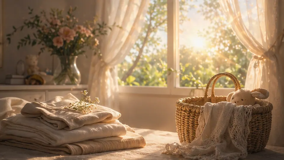 Khăn gấp và giỏ mây có thú bông cạnh cửa sổ sáng, hoa trong bình ở phía sau