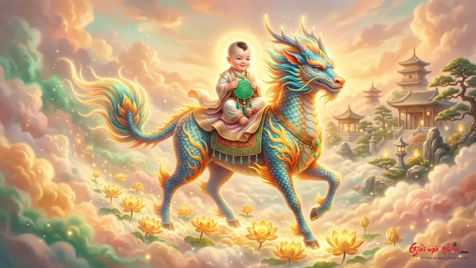 Đứa trẻ hai tay cầm vật tròn màu xanh ngồi trên lưng linh thú giữa hoa và mây