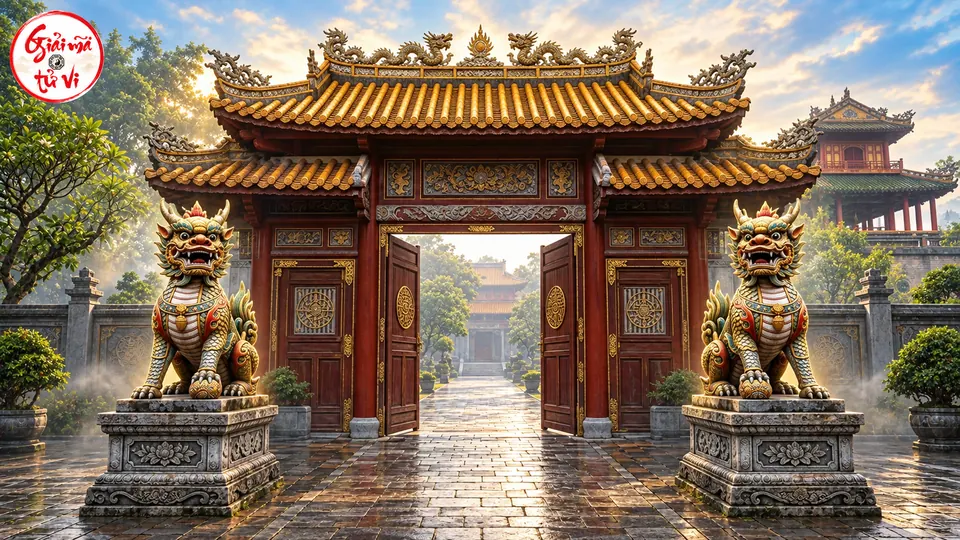 Hai tượng thú trang trí trên bệ đá hai bên cổng gỗ mở, không có bảng chữ