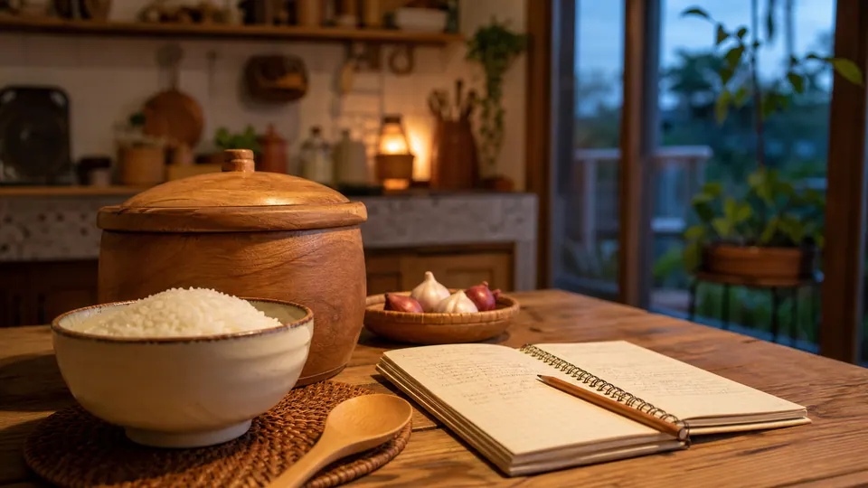 Bát hạt trắng, hũ gỗ có nắp, hành tỏi và sổ có nét viết mờ trong bếp