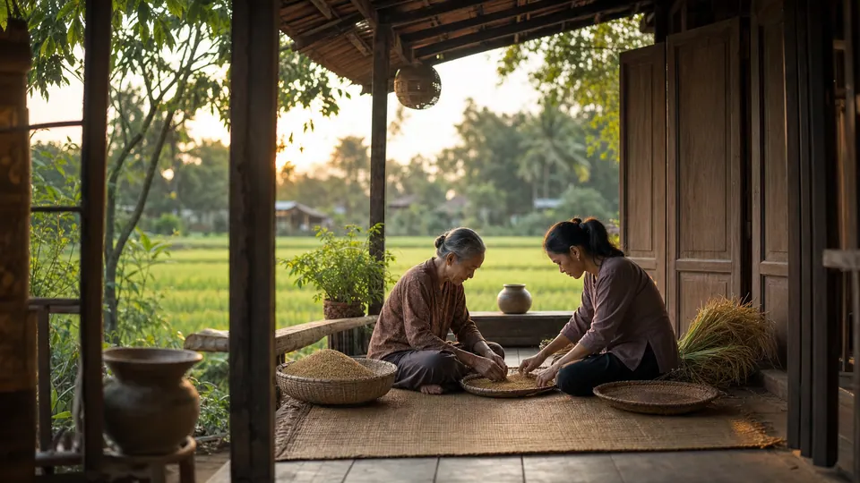 Hai người phụ nữ cùng nhặt hạt trên nia ở hiên nhà, cạnh rổ hạt và bó lúa