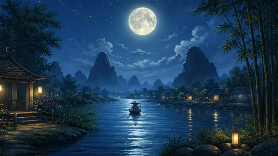 Thuyền trên sông giữa núi và những ngôi nhà thắp đèn dưới trăng tròn