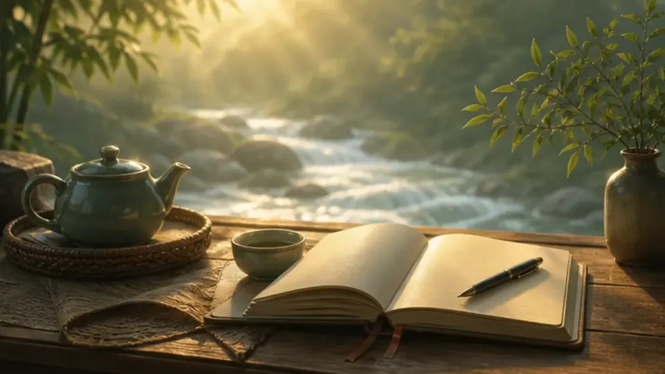 Sổ mở trang trắng cạnh bút, ấm trà, cốc và lọ cành trên bàn bên suối