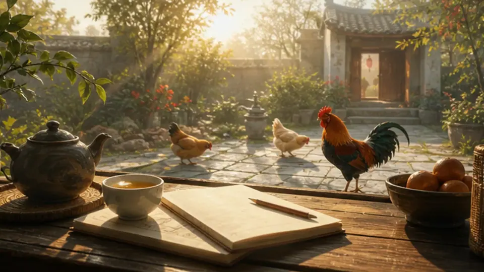 Sổ trống, bút chì, ấm và tách trà trên bàn nhìn ra sân có ba con gà dưới ánh nắng