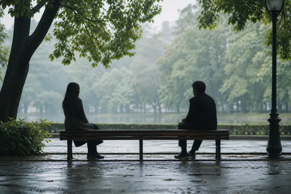 Hai người ngồi cách nhau trên ghế công viên, phía trước là mặt đường ướt và cây