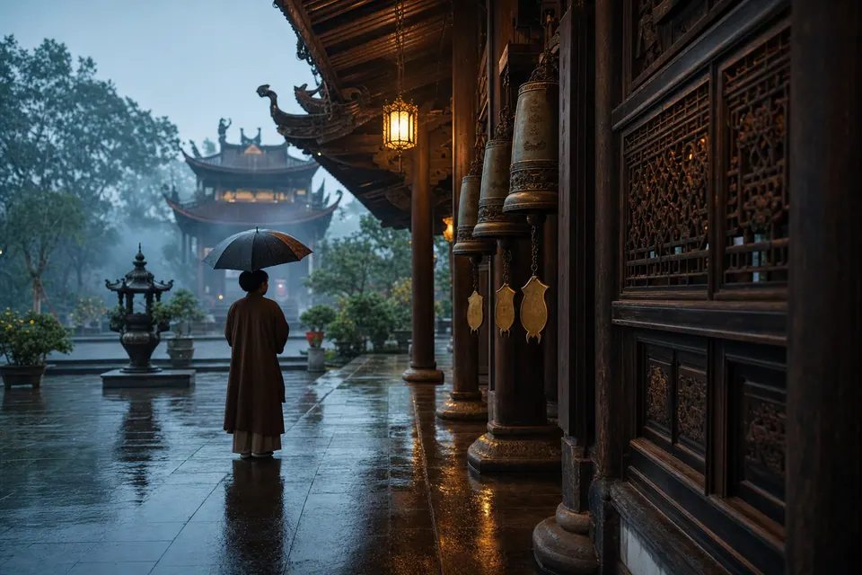 Người cầm ô nhìn ra sân chùa ướt mưa, cạnh hành lang gỗ và chuông treo
