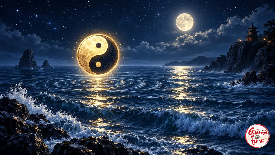 Hình âm dương vàng trên mặt biển dưới trăng, cạnh bờ đá và mái chùa xa