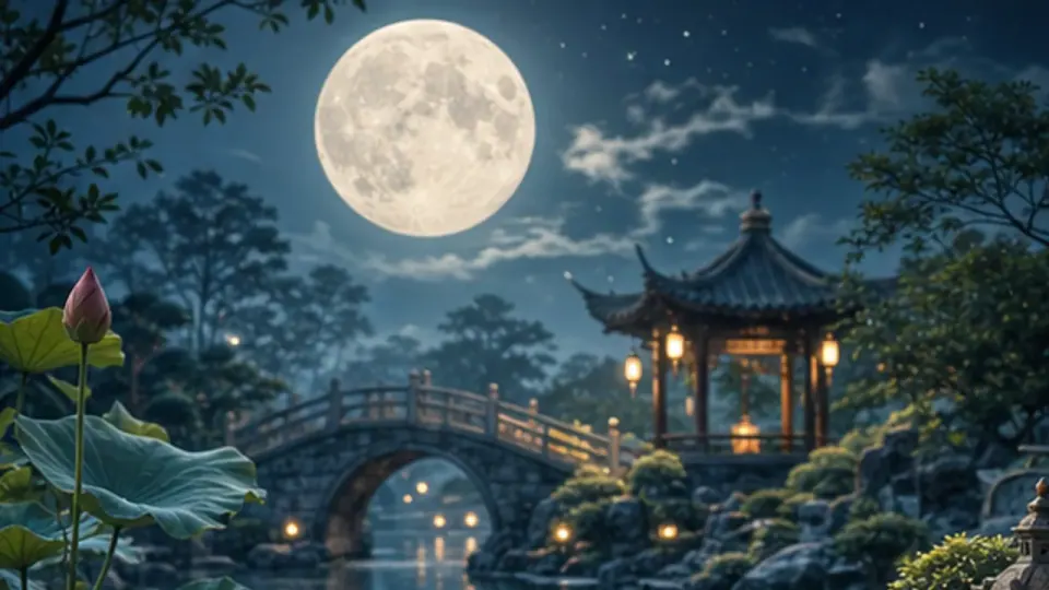 Hồ nước có lá sen, cầu cong và nhà mái cong thắp đèn dưới trăng tròn