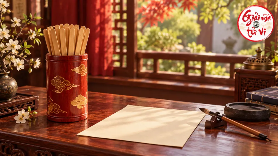 Ống que tre đỏ và tờ giấy trắng trên bàn gỗ cạnh cửa sổ vườn