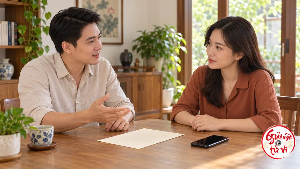 Hai người ngồi trò chuyện bên bàn có giấy trắng và điện thoại màn hình tối