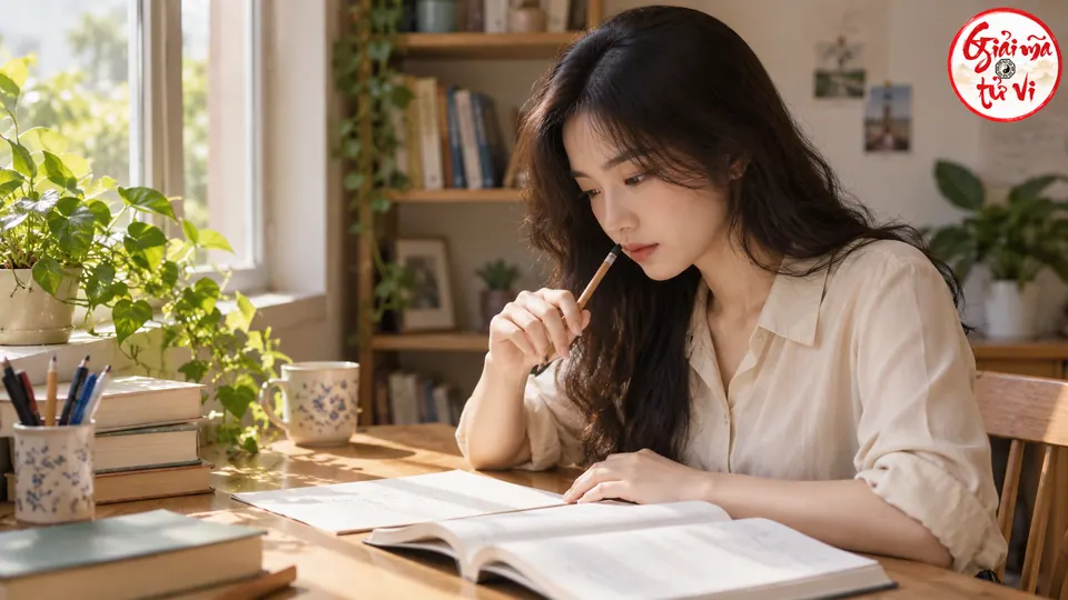 Người phụ nữ áo be nhìn trang nháp cạnh sách mở, tay cầm bút chì