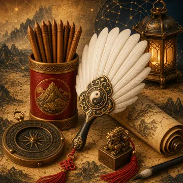 Quạt lông trắng, ống que tre và đèn lồng bên cuộn giấy