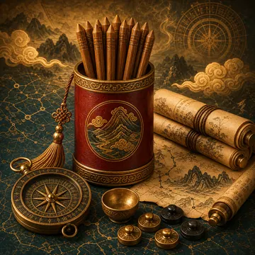 Ống thẻ tre đỏ, hai cuộn giấy mở, la bàn và quân cờ