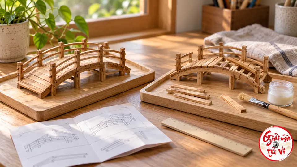 Hai mô hình cầu gỗ nhỏ đã ghép và đang ghép trên khay, cạnh vật liệu và chổi keo