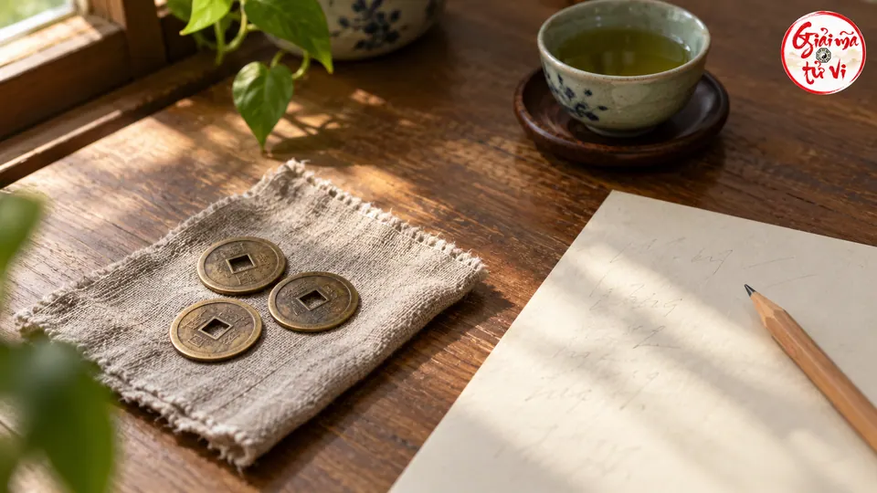 Ba đồng tiền đồng đặt trên vải cạnh giấy, bút chì và chén trà