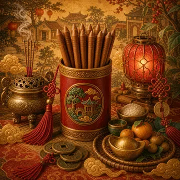 Ống xăm, đèn lồng và đồ cúng trên nền hội quán trang trí