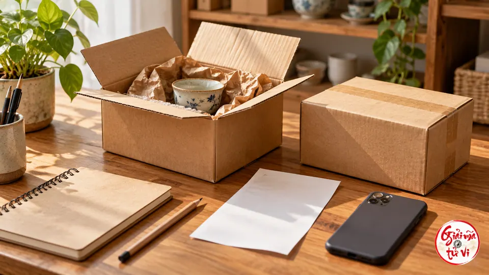 Kiện giấy mở chứa chén gốm, kiện đóng và phiếu giấy cạnh điện thoại úp mặt