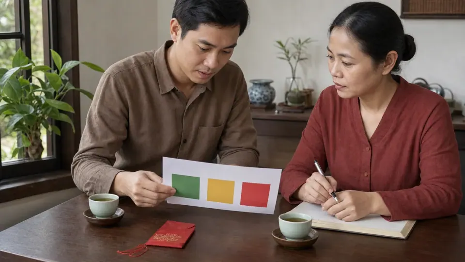 Hai người cùng nhìn tờ giấy có ba ô màu bên bàn trà