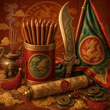 Ống xăm đỏ cạnh lư hương, lưỡi đao, cờ xanh và đồng xu