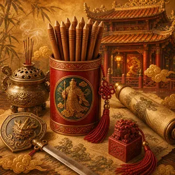Ống thẻ đỏ, lư hương, kiếm, ấn trang trí và mái miếu trên nền vàng