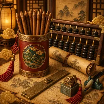 Ống thẻ, bàn tính, cuộn giấy, ấn và thước gỗ trong gian nhà