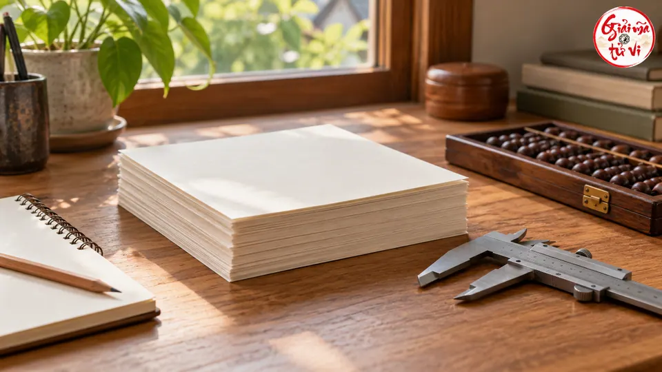 Chồng giấy trắng cạnh thước kẹp, sổ và bàn tính gỗ bên cửa sổ
