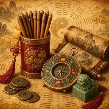 Ống thẻ, la bàn, cuộn giấy, đồng tiền và ấn xanh trang trí trên nền vàng