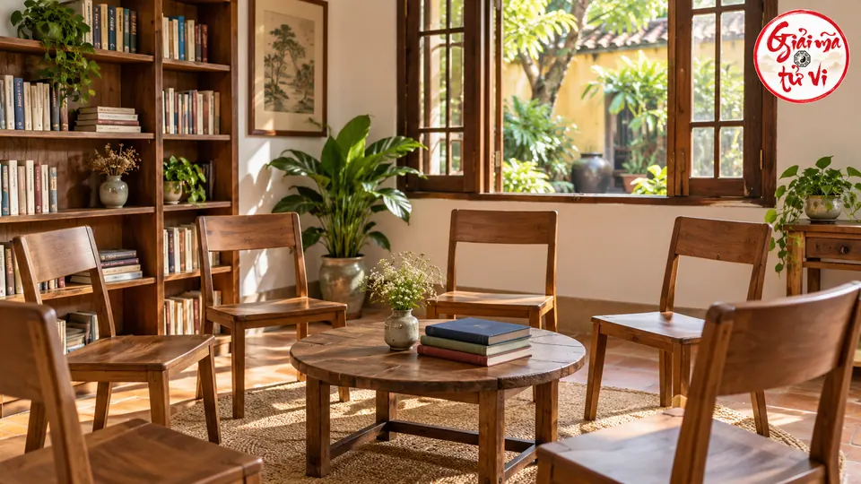 Những ghế gỗ trống quanh bàn có sách trước cửa sổ và giá sách