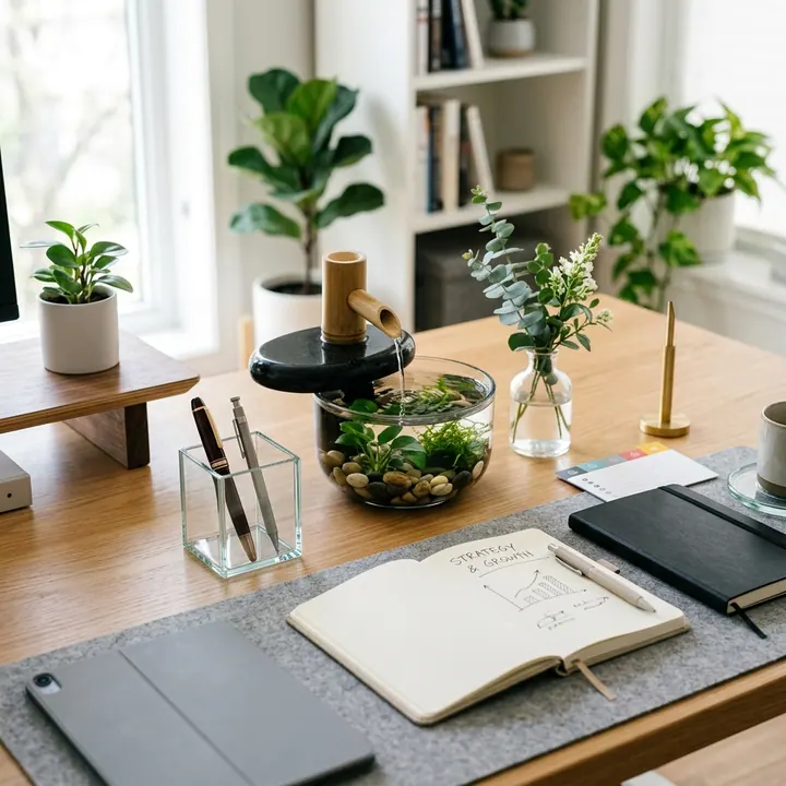 Góc làm việc gọn gàng tinh tế với máy tính bảng ghi chép sách vở và ly nước thanh khiết của người tuổi Ất Dậu