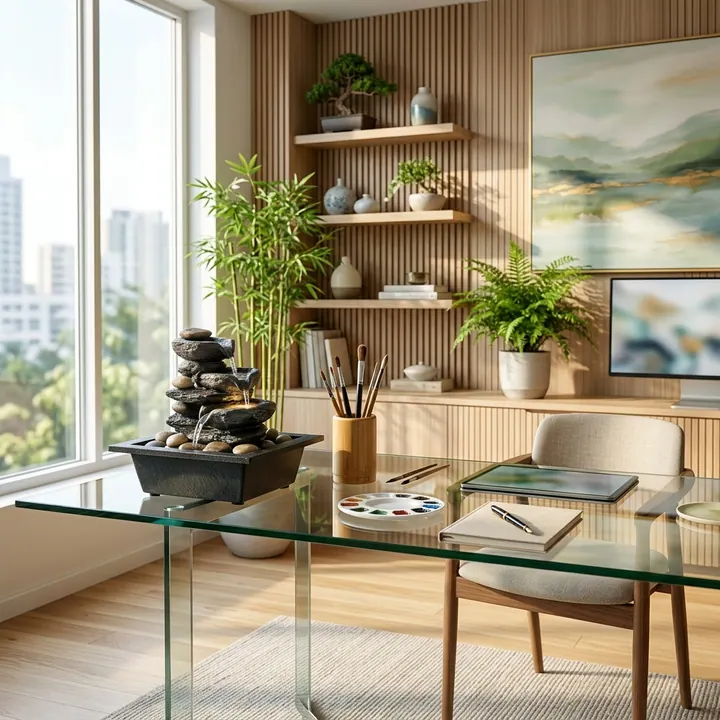 Không gian làm việc trang nhã với bàn gỗ sáng màu giá vẽ tranh và tách trà thơm thể hiện sự tinh tế sáng tạo của tuổi Ất Mão