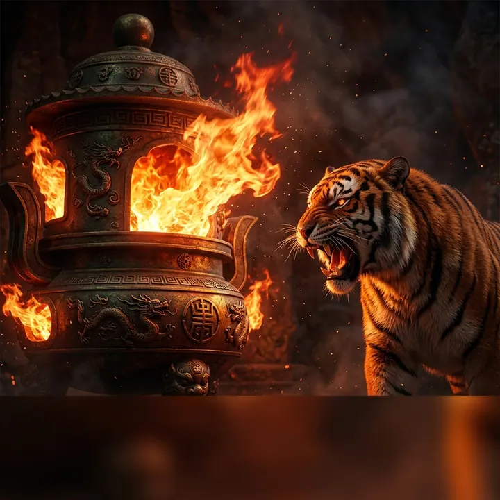 Hổ cạnh lò đồng có lửa bốc cao, phía dưới là dải màu lửa mờ