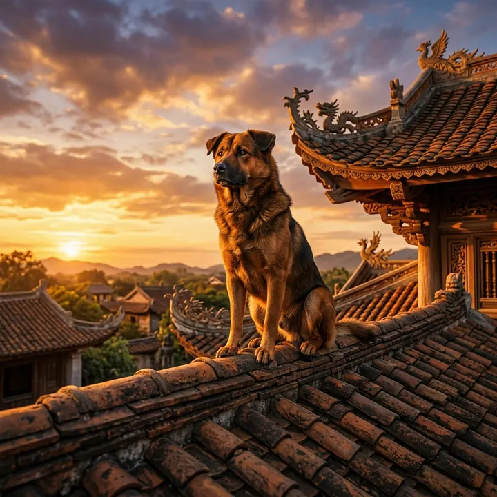 Chó nâu ngồi trên mái ngói, bên mái cong trang trí rồng trong ánh chiều