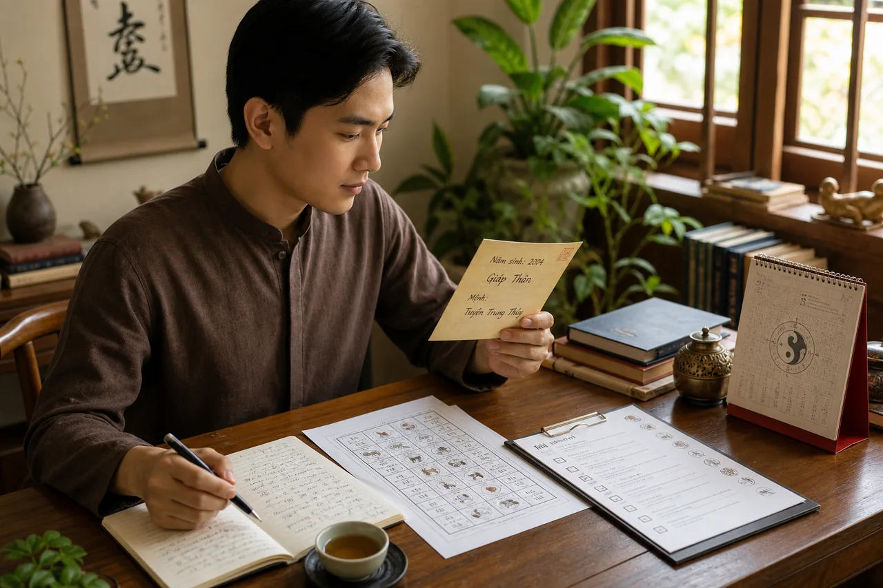 Một người trẻ đang rà lại năm sinh, ghi chú câu hỏi và so sánh bài hồ sơ tuổi trên bàn làm việc sáng gọn