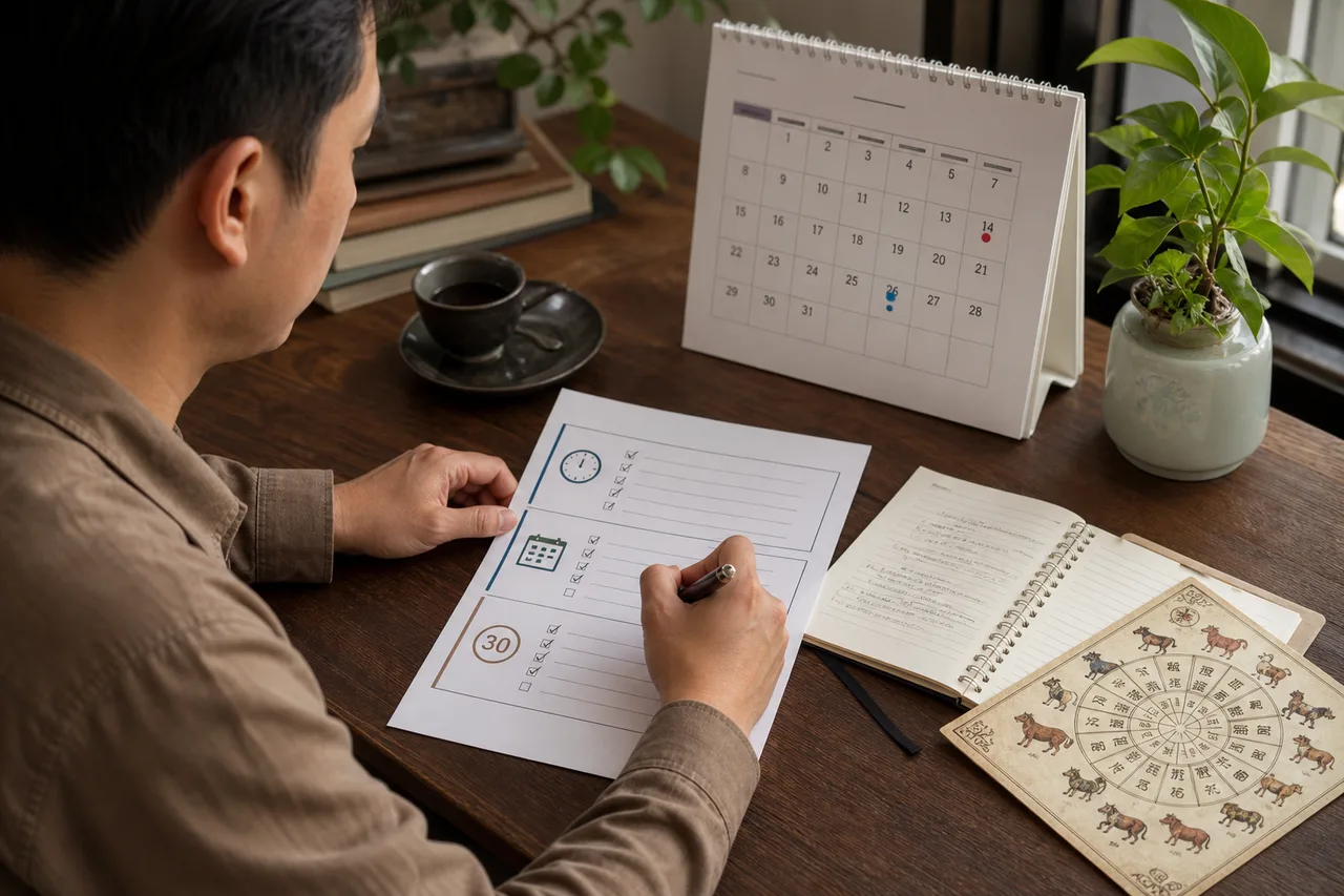 Một người dùng bút đánh dấu lên checklist 24 giờ, 7 ngày, 30 ngày cạnh lịch tháng và bài ghi chú tuổi