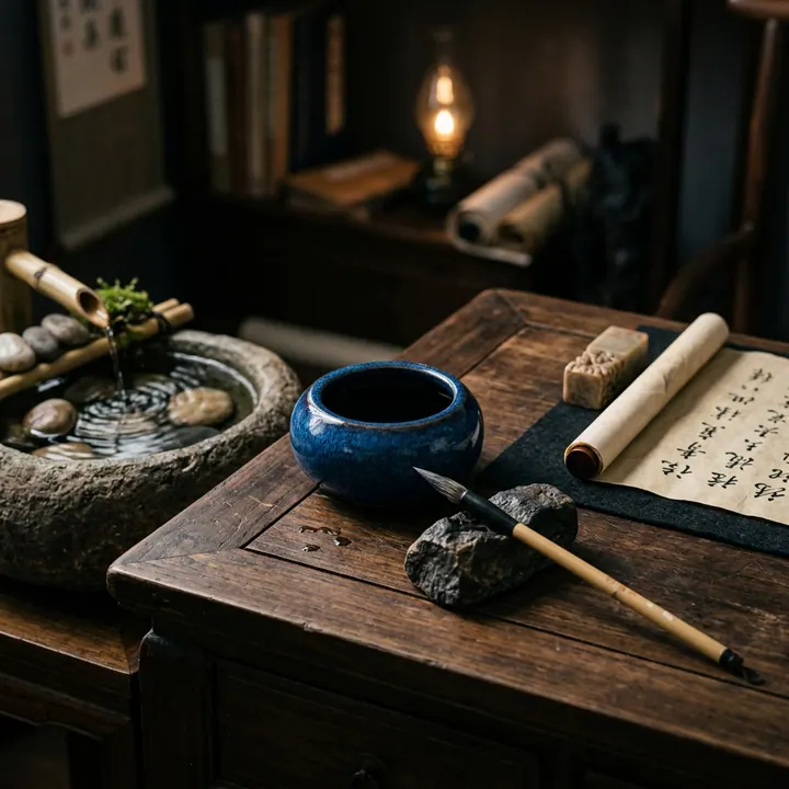 Không gian bàn làm việc bài trí thư pháp và bút nghiên tôn vinh trí tuệ nội tâm của người tuổi Đinh Sửu