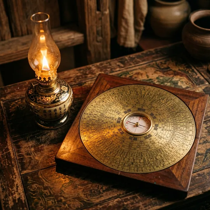 Ngọn đèn dầu cổ bằng gốm sứ hoa văn đang thắp sáng cạnh la kinh phong thủy Bát Quái bằng đồng trên mặt bàn gỗ