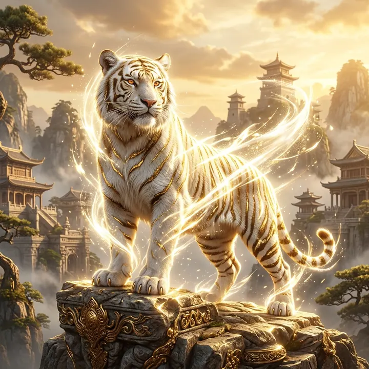 Hổ trắng vằn vàng đứng trên mỏm đá giữa các tháp cổ và cây thông, quanh thân có dải sáng vàng