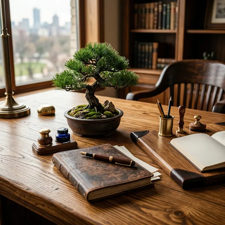 Bàn làm việc bài trí tối giản với cây bonsai xanh tốt sách vở nghiên cứu và máy tính cho người mệnh Mộc