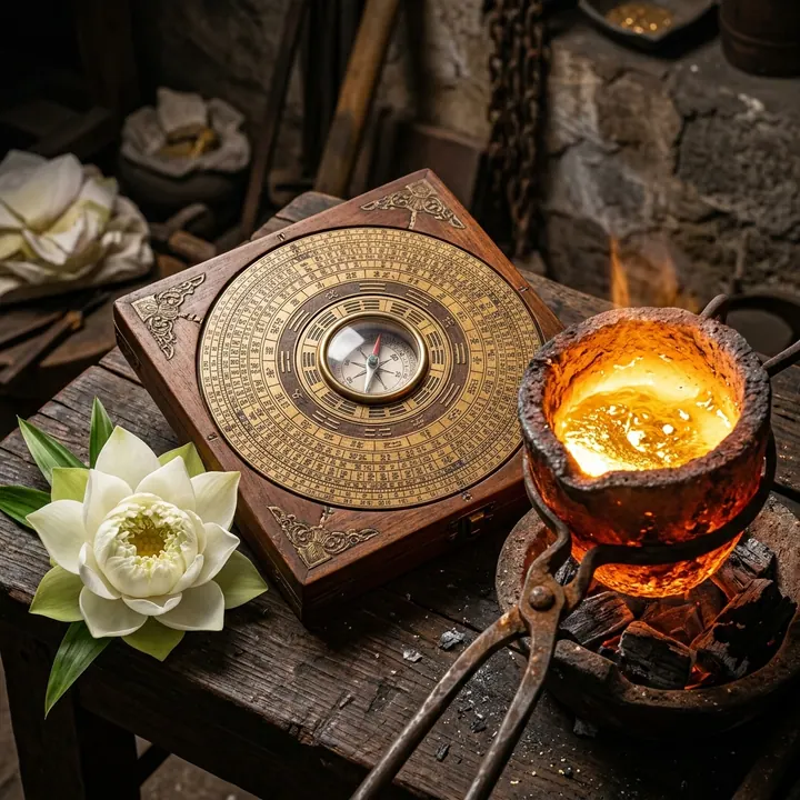 La bàn phong thủy Bát Trạch kết hợp đá thạch anh trắng và vàng kim tương sinh cho bản mệnh Kim